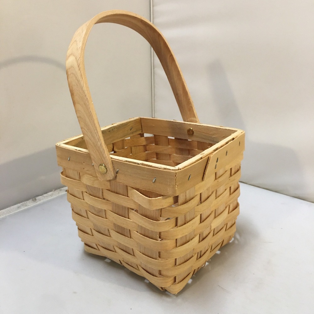 Woven Square Wood Splint Basket Small Natural Farmhouse Decor Swing Handle